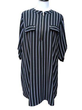 Always Indigo Plus Black Stripe Dress Shift 3/4 Sleeves Zip High Neck Short